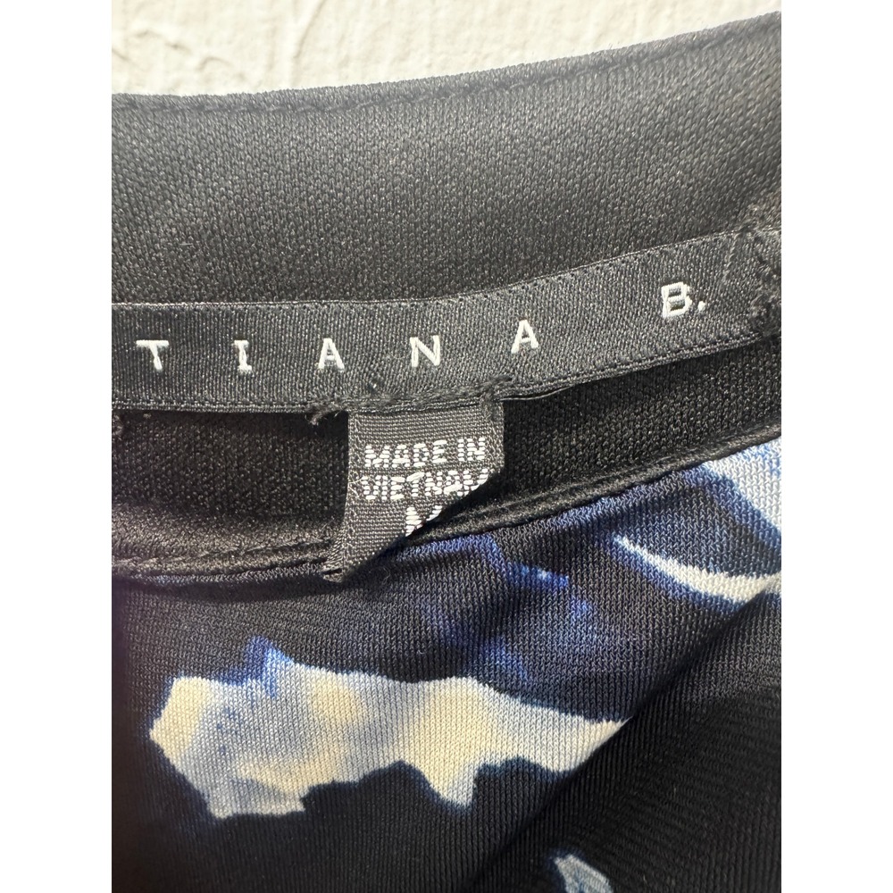 Tiana B Blue Black Swirled Marble Empire Waist Cap Sleeve Tiered Dress Sz M - Picture 6 of 11